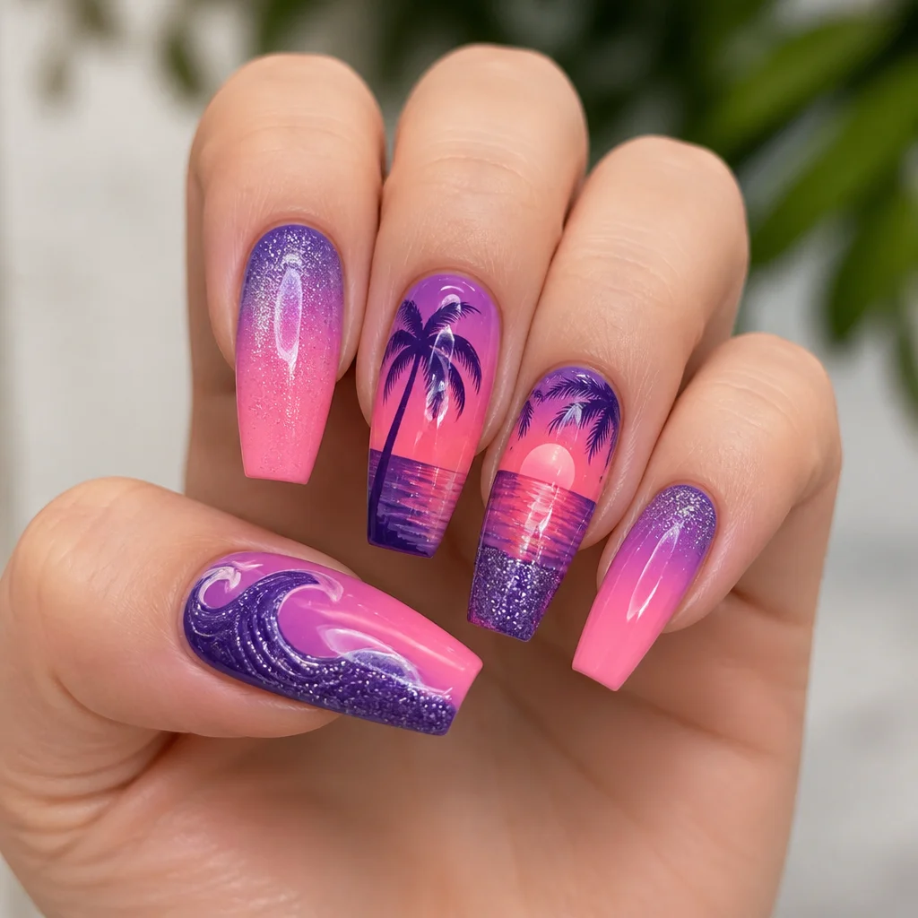 Glamorous pink and purple ombre glitter nails, perfect for vacation. Coffin shape, ideal for fair skin tones.