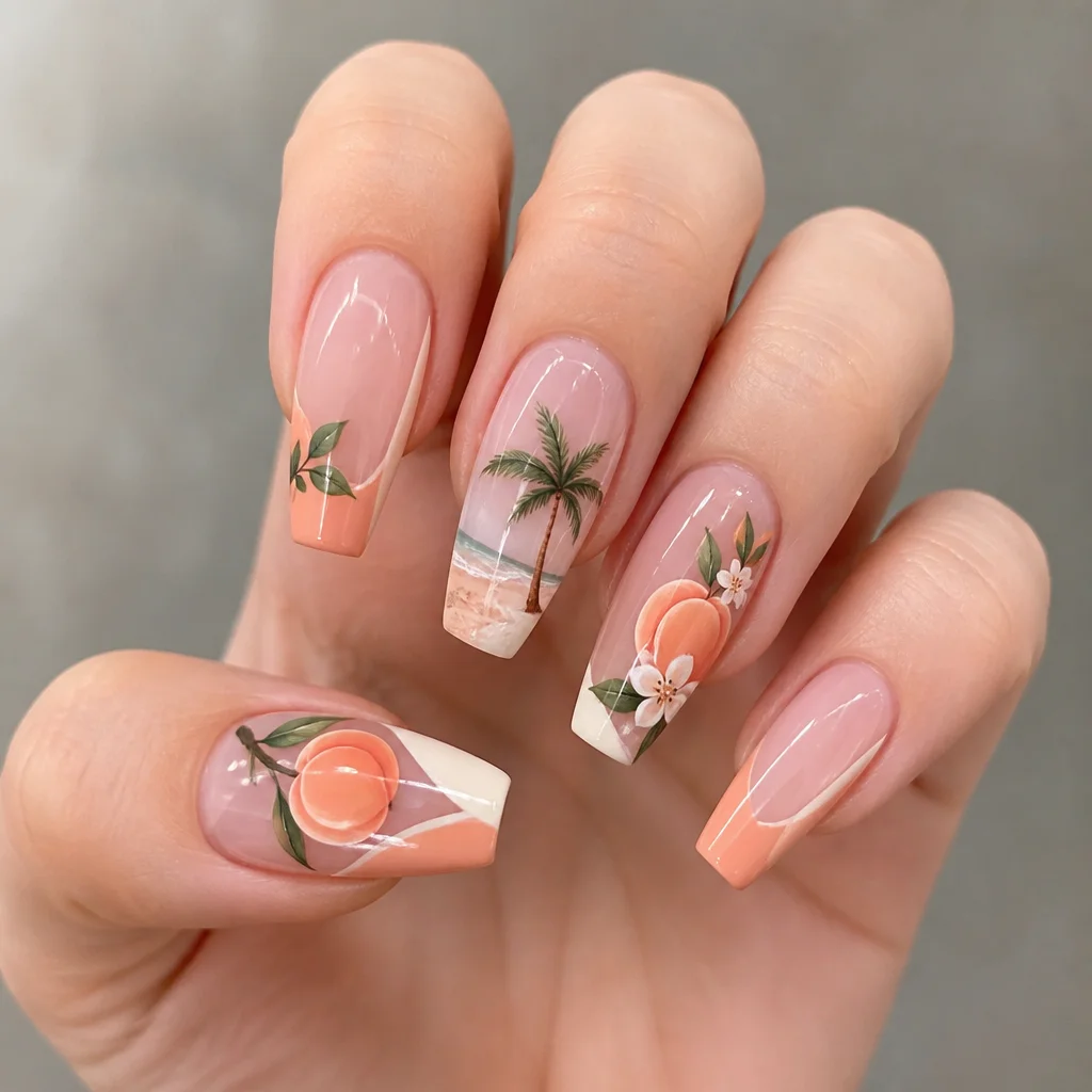 Sink into vacation mood with this peach-themed, neutral coffin-shaped french tip design ideal for fair skin.