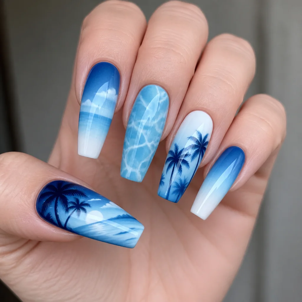 Fair skin toned? Opt for a vacation-themed, blue & white, airbrush style on coffin-shaped, small nails.