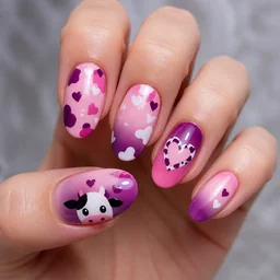 Rock a cow-themed oval ombre transformation in pink and purple this Valentine's day. Perfect for light skin tone.