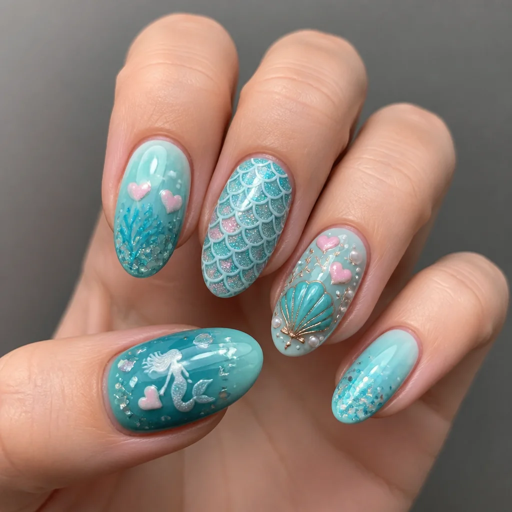 A Valentine's day themed oval nail look with a vibrant turquoise color having mermaid style ombre for light skin tones.