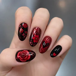 Floral-themed oval nails in black & red, perfect for Valentine's Day. Enhanced with glitter, suits light skin tones.