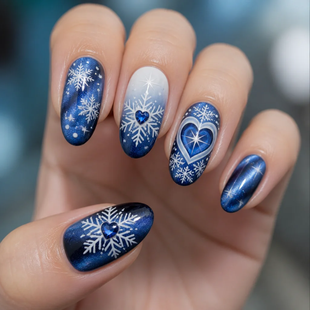 Charming light-toned oval nails in blue and white with a snowflake style and cat eye technique for this Valentine's day