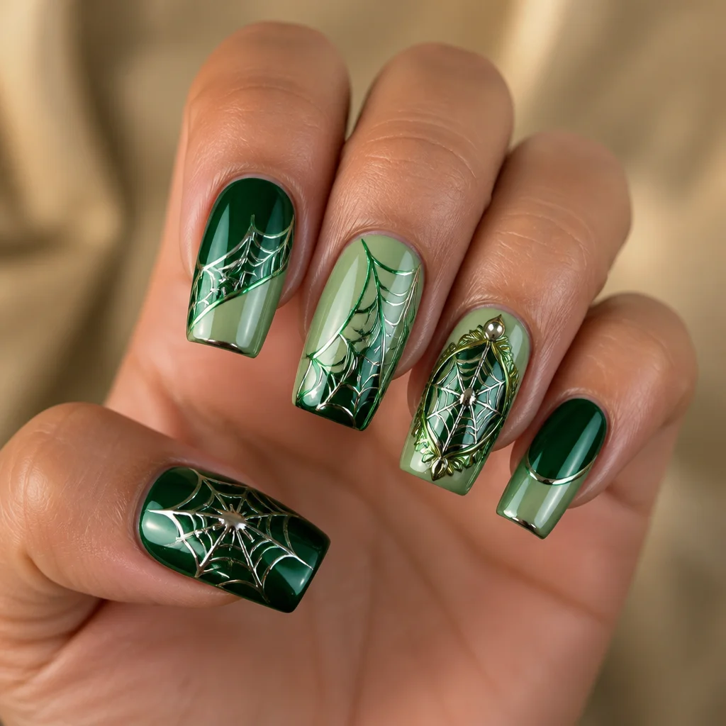 A medium-olive skin toned wedding theme with green chrome spider web styled square nails.