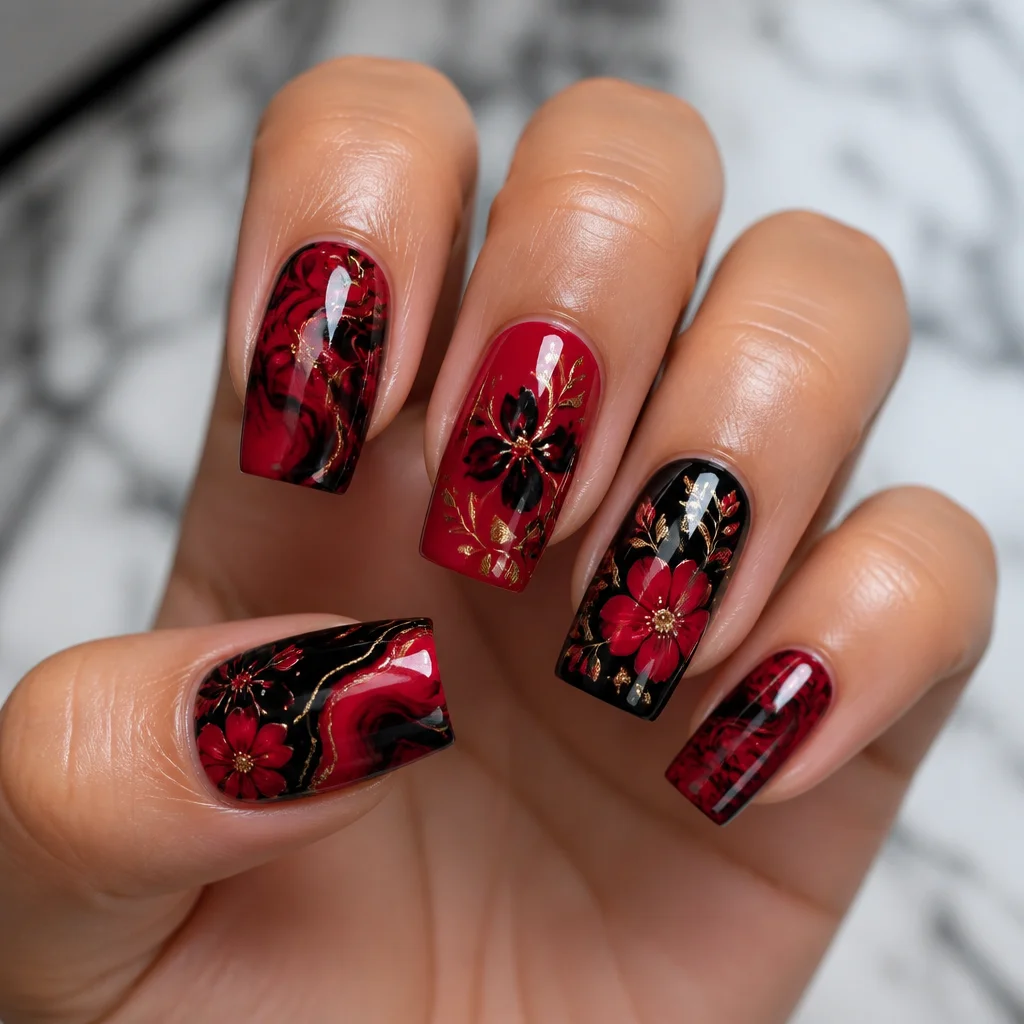 Black and red square nails, medium-olive skin. Wedding theme, flower style, marble technique.