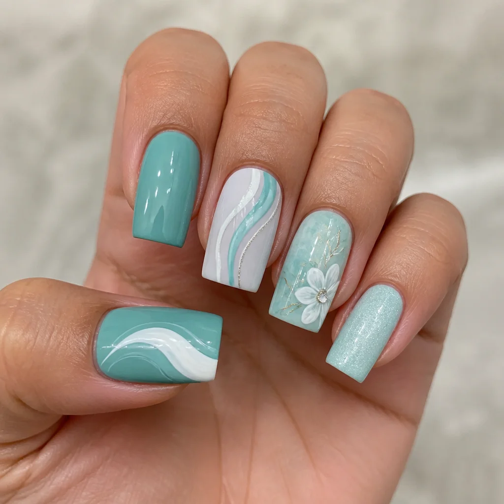 Square shaped nails colored turquoise for a minimalist wedding style. Suitable for medium-olive skin using powder dip technique.