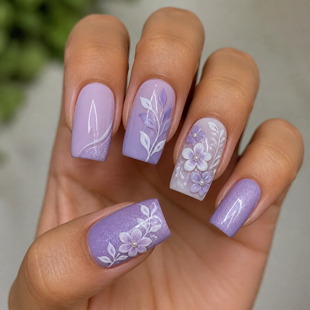 A cute, light purple wedding theme square nail using powder dip technique. Perfect for medium-olive skin.