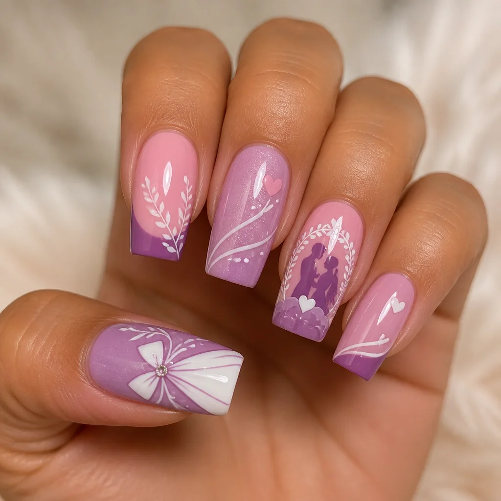 Cute square-shaped nails for a wedding, in a pink and purple powder dip for medium-olive skin tones.