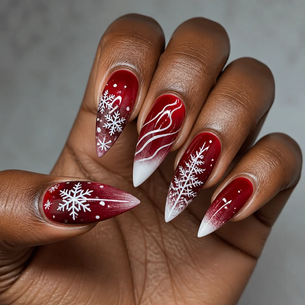 Stunningly bold red, classic winter themed, deep skin toned, stiletto shaped, dip technique.