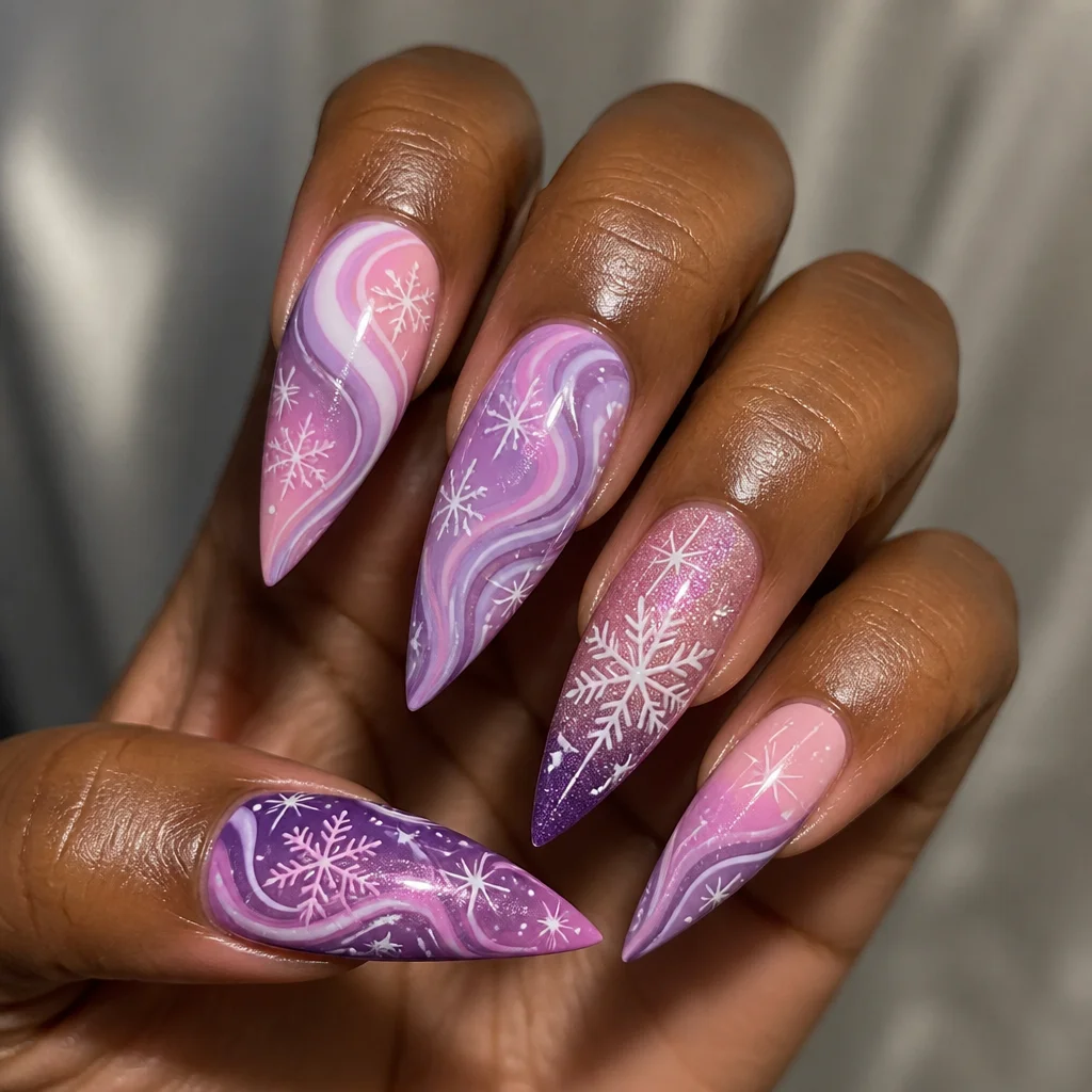 Deep skin tone complements elegantly swirled stiletto nails in pink and purple. Perfect for adding a winter touch.