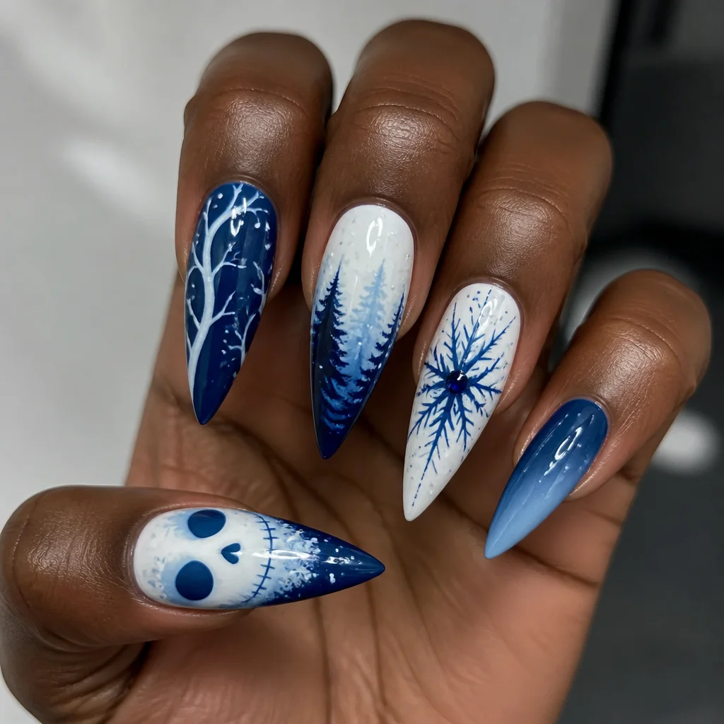 Deep skin toned blue and white stiletto nails, with spooky winter theme using dip technique.