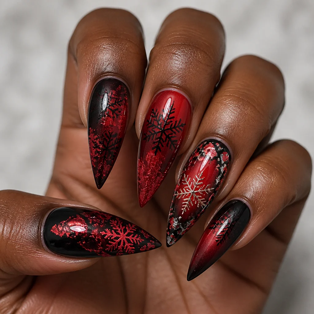 Deep-toned stiletto-shaped nails with a winter theme, boasting black and red foil style ombre dip powder.